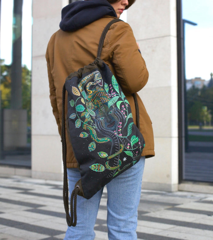 Aya Drawstring Bag - Mother Ayahuasca face with botanical elements by Symbolika