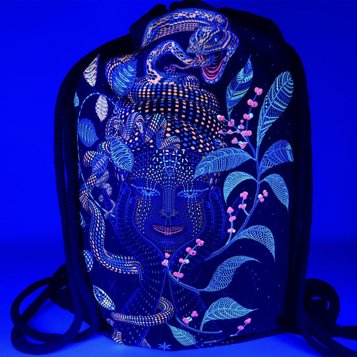 UV reactive drawstring bag - glowing turquoise ayahuasca art under blacklight by Symbolika