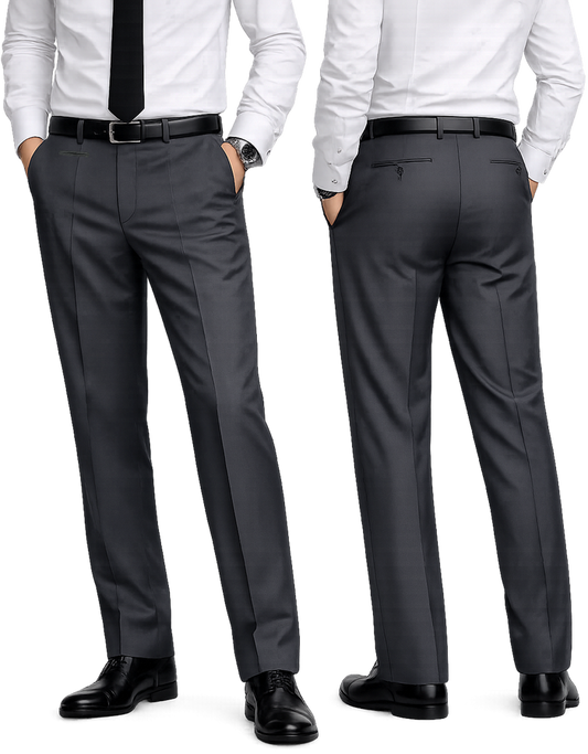 Front View Image
Men's charcoal relaxed fit dress pants front view with flat front design and right side fob pocket

Back View Image
Men's charcoal relaxed fit dress pants back view showing two rear jetted pockets

Front &amp; Back Comparison Image
Men's charcoal suit trousers relaxed fit front and back view with tailored silhouette

Detail Pocket Image
Charcoal dress pants detail showing right side jetted fob pocket