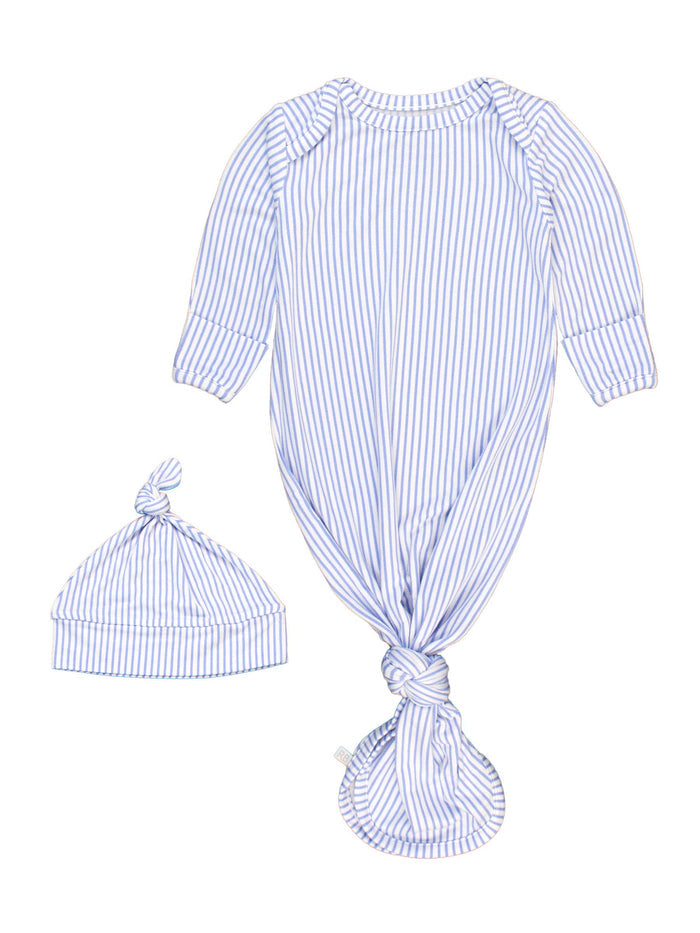 Baby Boys Periwinkle & White Micro Stripe Bamboo Viscose Knotted Sleep Gown & Hat Set
