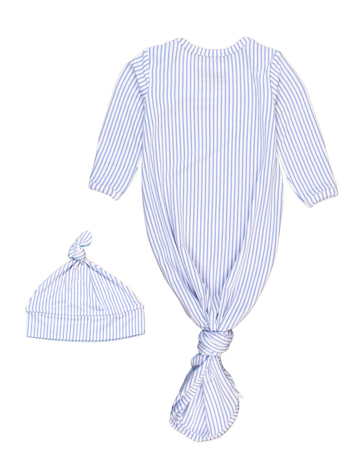 Baby Boys Periwinkle & White Micro Stripe Bamboo Viscose Knotted Sleep Gown & Hat Set