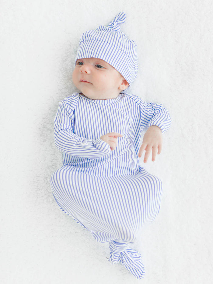 Baby Boys Periwinkle & White Micro Stripe Bamboo Viscose Knotted Sleep Gown & Hat Set