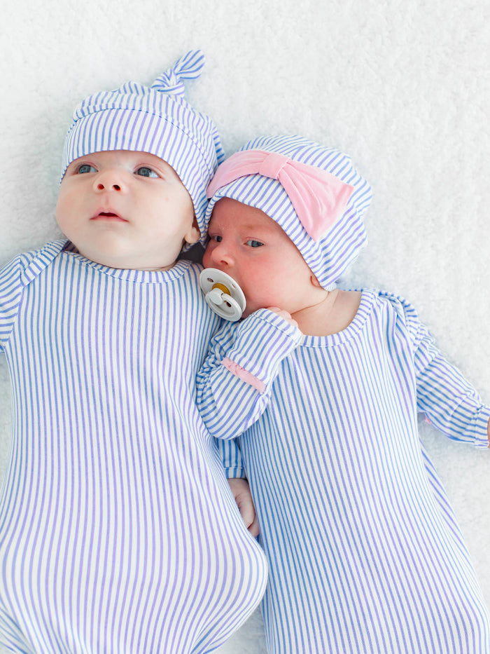 Baby Boys Periwinkle & White Micro Stripe Bamboo Viscose Knotted Sleep Gown & Hat Set