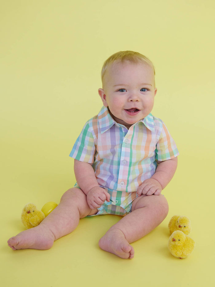 Baby Boys Poppy Rainbow Plaid Short Sleeve Woven Button-Up Romper
