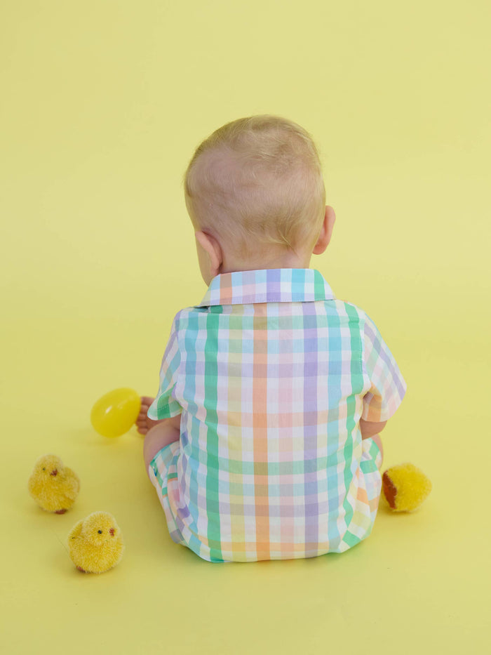 Baby Boys Poppy Rainbow Plaid Short Sleeve Woven Button-Up Romper
