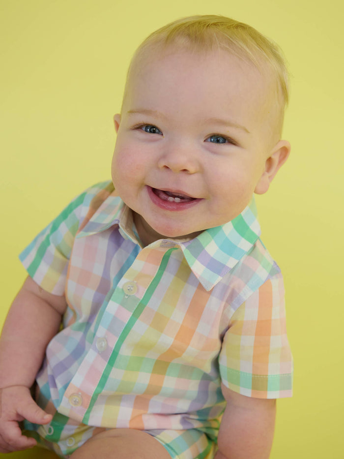 Baby Boys Poppy Rainbow Plaid Short Sleeve Woven Button-Up Romper