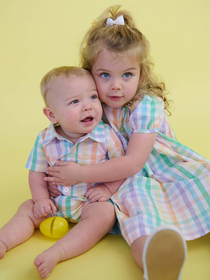 Baby Boys Poppy Rainbow Plaid Short Sleeve Woven Button-Up Romper