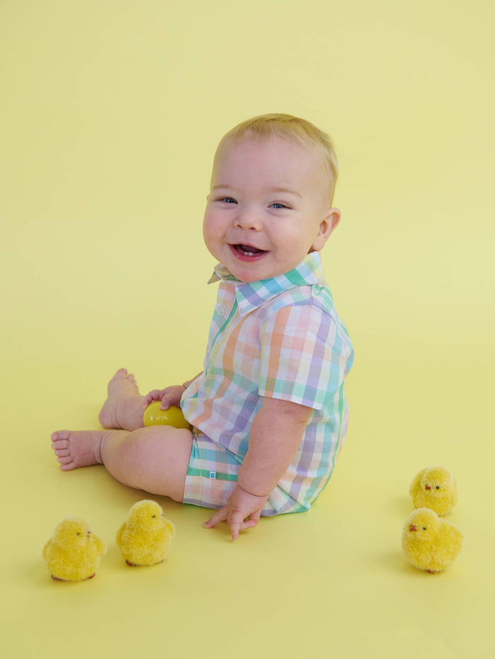 Baby Boys Poppy Rainbow Plaid Short Sleeve Woven Button-Up Romper