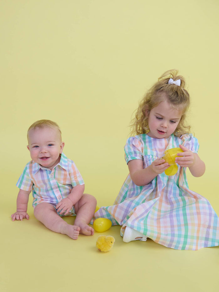 Baby Boys Poppy Rainbow Plaid Short Sleeve Woven Button-Up Romper