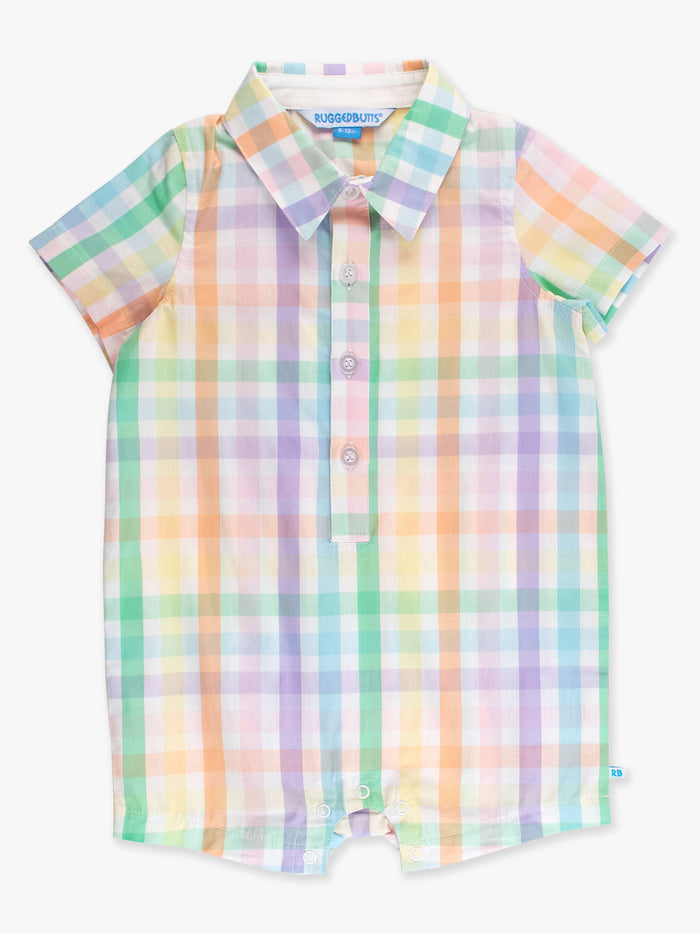 Baby Boys Poppy Rainbow Plaid Short Sleeve Woven Button-Up Romper