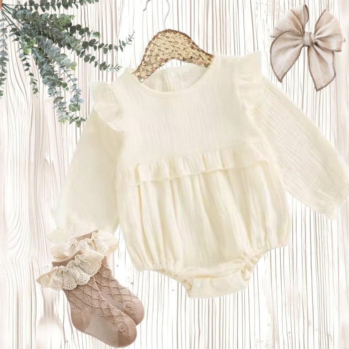 Baby Girl Cream Ruffle Shoulder Romper & Socks