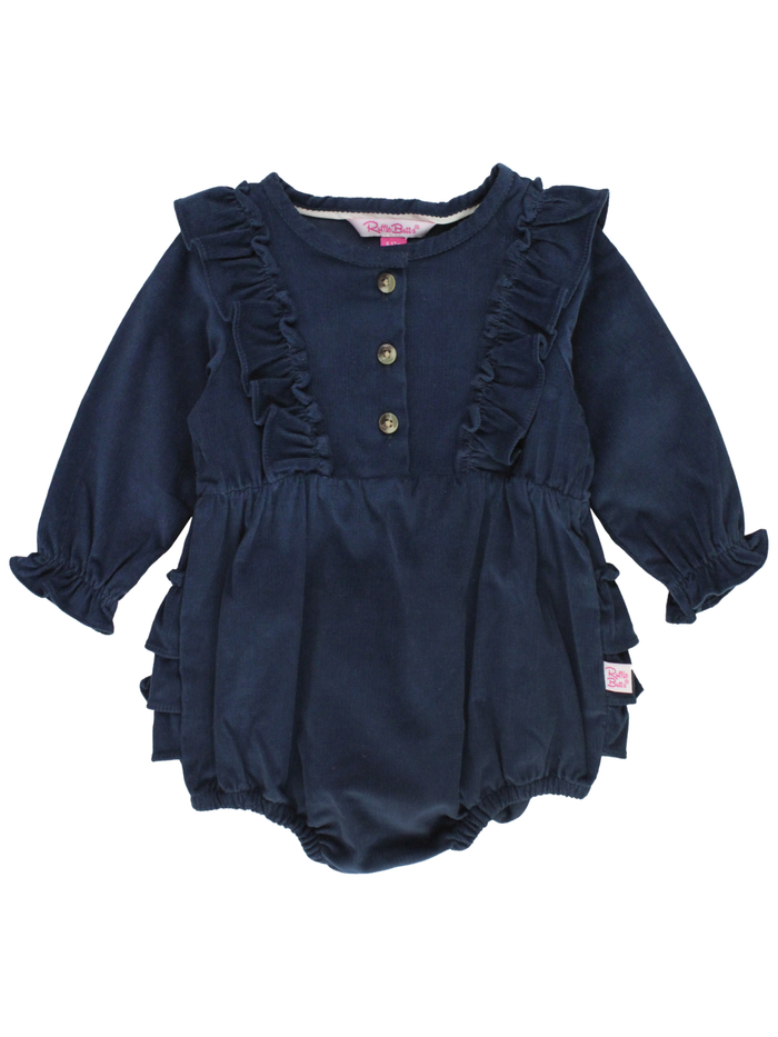 Baby Girls Dark Navy Stretch Corduroy Waterfall Bubble Romper