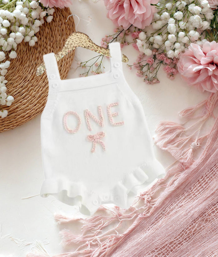 Baby Girls' First Birthday White Knitted Romper