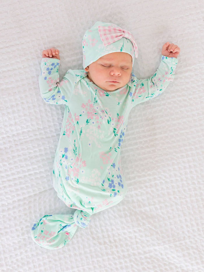 Baby Girls Mint Meadow Bamboo Viscose Ruffle Knotted Sleep Gown & Hat Set