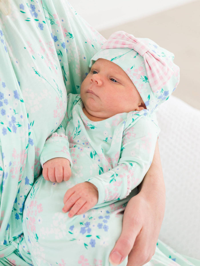 Baby Girls Mint Meadow Bamboo Viscose Ruffle Knotted Sleep Gown & Hat Set