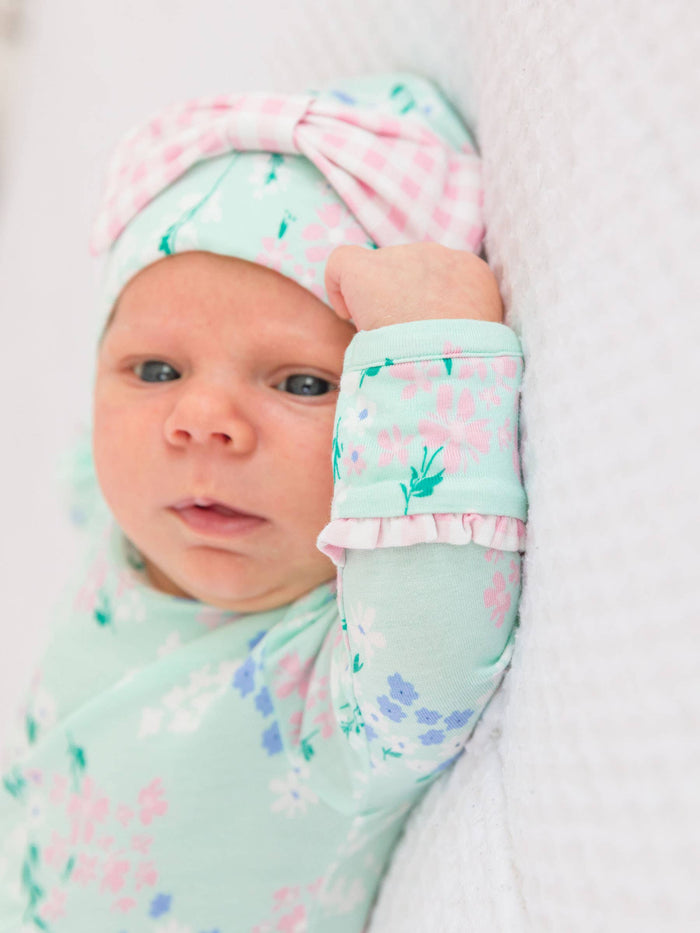 Baby Girls Mint Meadow Bamboo Viscose Ruffle Knotted Sleep Gown & Hat Set