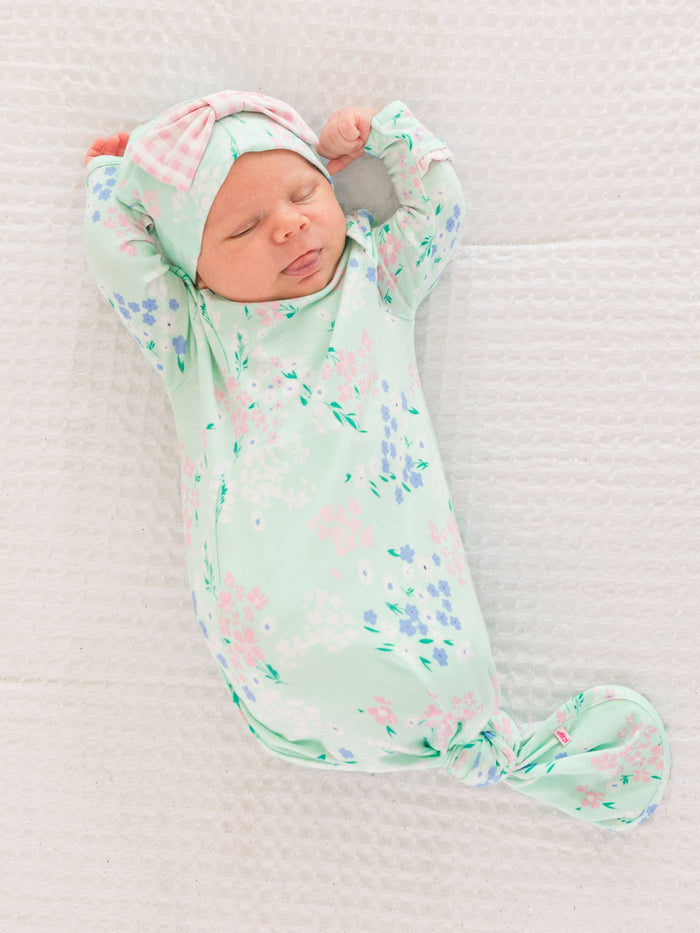 Baby Girls Mint Meadow Bamboo Viscose Ruffle Knotted Sleep Gown & Hat Set
