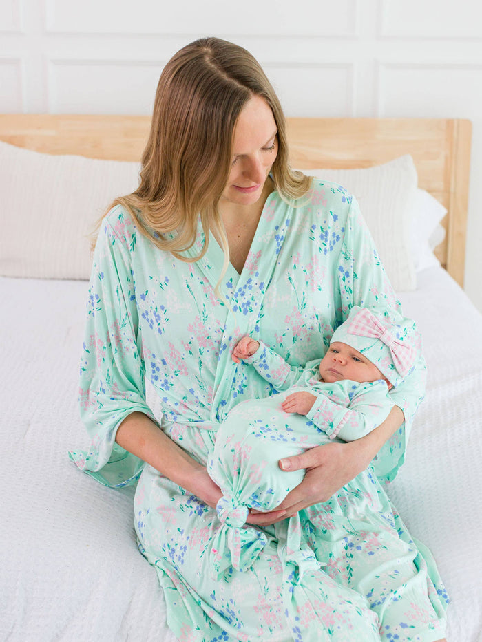 Baby Girls Mint Meadow Bamboo Viscose Ruffle Knotted Sleep Gown & Hat Set