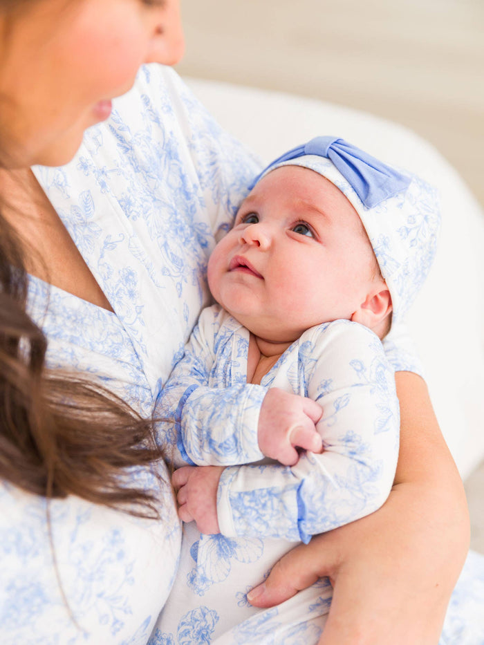 Baby Girls Periwinkle Blue Butterfly Garden Toile Bamboo Viscose Ruffle Knotted Sleep Gown & Hat Set