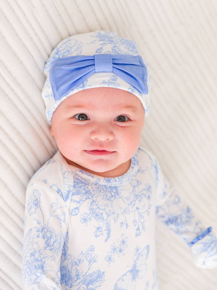 Baby Girls Periwinkle Blue Butterfly Garden Toile Bamboo Viscose Ruffle Knotted Sleep Gown & Hat Set
