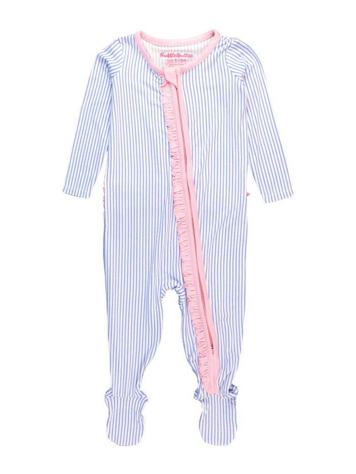 Baby Girls Periwinkle & White Micro Stripe Bamboo Viscose Footed Ruffle One Piece Pajama