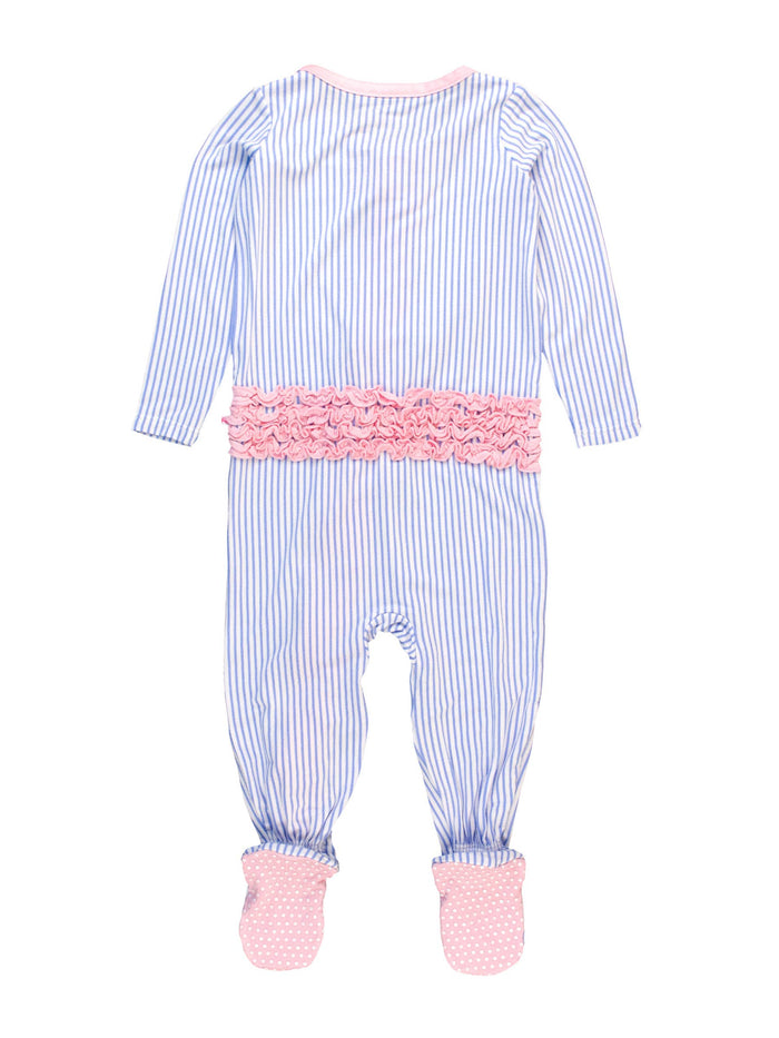 Baby Girls Periwinkle & White Micro Stripe Bamboo Viscose Footed Ruffle One Piece Pajama