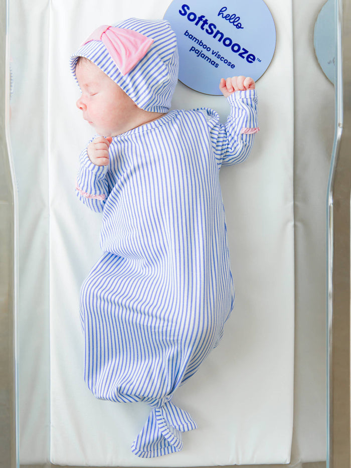Baby Girls Periwinkle & White Micro Stripe Bamboo Viscose Ruffle Knotted Sleep Gown & Hat Set