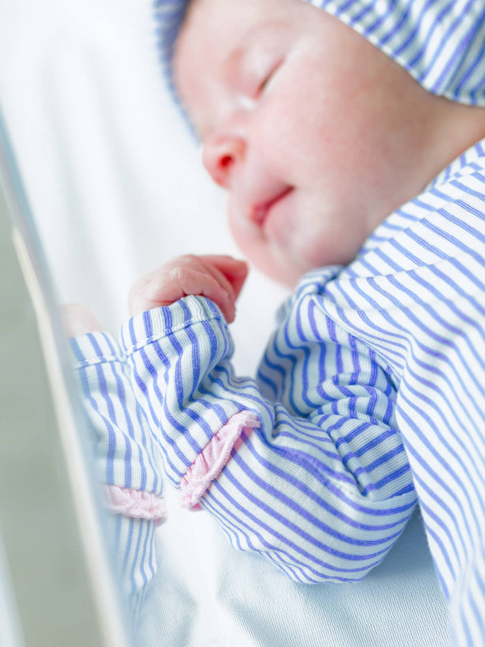 Baby Girls Periwinkle & White Micro Stripe Bamboo Viscose Ruffle Knotted Sleep Gown & Hat Set