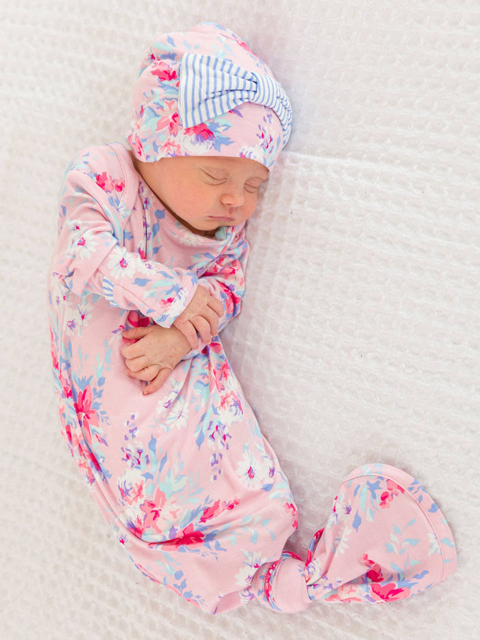 Baby Girls Pretty in Pink Floral Bamboo Viscose Ruffle Knotted Sleep Gown & Hat Set