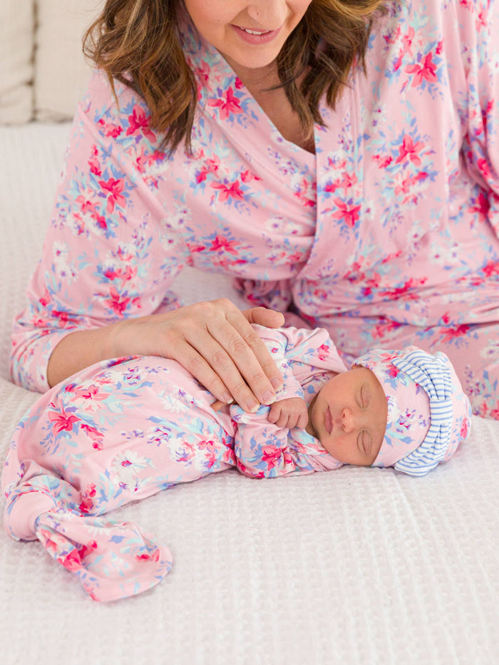 Baby Girls Pretty in Pink Floral Bamboo Viscose Ruffle Knotted Sleep Gown & Hat Set