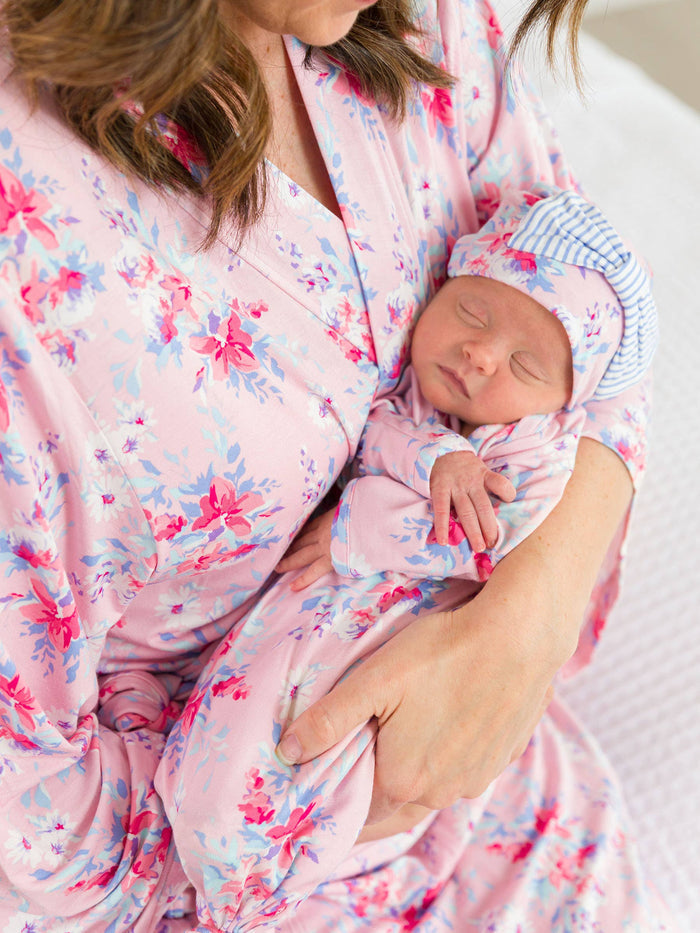 Baby Girls Pretty in Pink Floral Bamboo Viscose Ruffle Knotted Sleep Gown & Hat Set