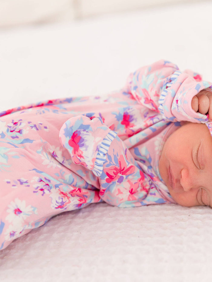 Baby Girls Pretty in Pink Floral Bamboo Viscose Ruffle Knotted Sleep Gown & Hat Set