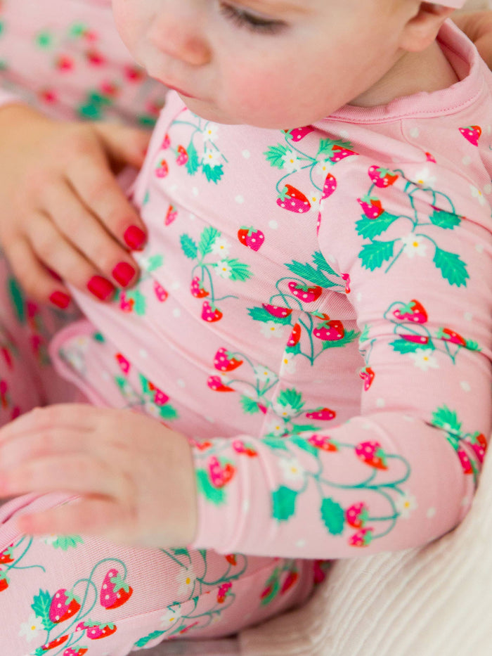 Baby Girls Sweet As Strawberries Bamboo Viscose Footed Ruffle One Piece Pajama