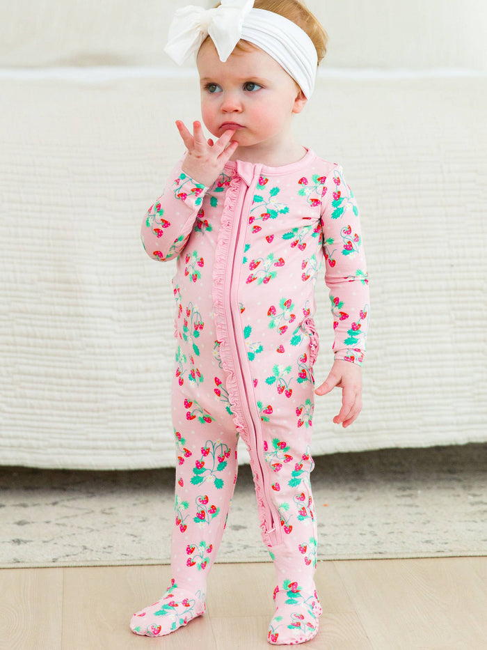 Baby Girls Sweet As Strawberries Bamboo Viscose Footed Ruffle One Piece Pajama