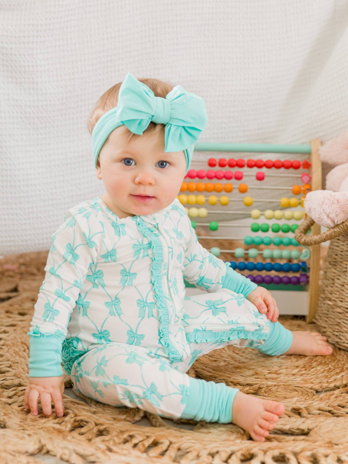 Baby Girls Teal Fairytale Bows Bamboo Viscose Convertible Ruffle One Piece Footie Pajama