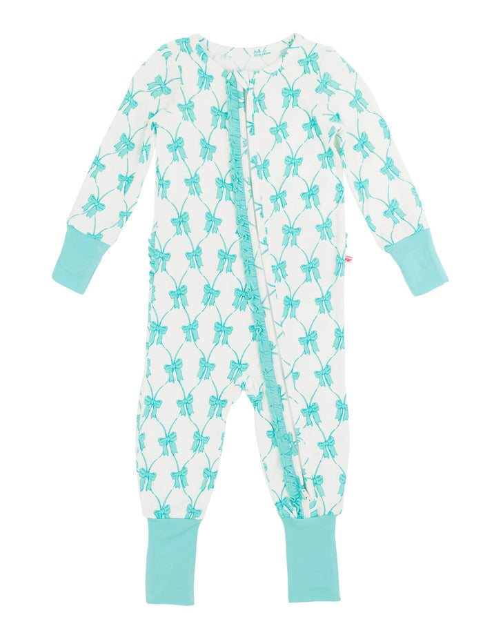 Baby Girls Teal Fairytale Bows Bamboo Viscose Convertible Ruffle One Piece Footie Pajama