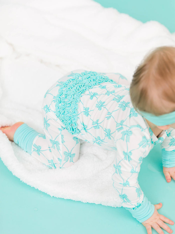 Baby Girls Teal Fairytale Bows Bamboo Viscose Convertible Ruffle One Piece Footie Pajama