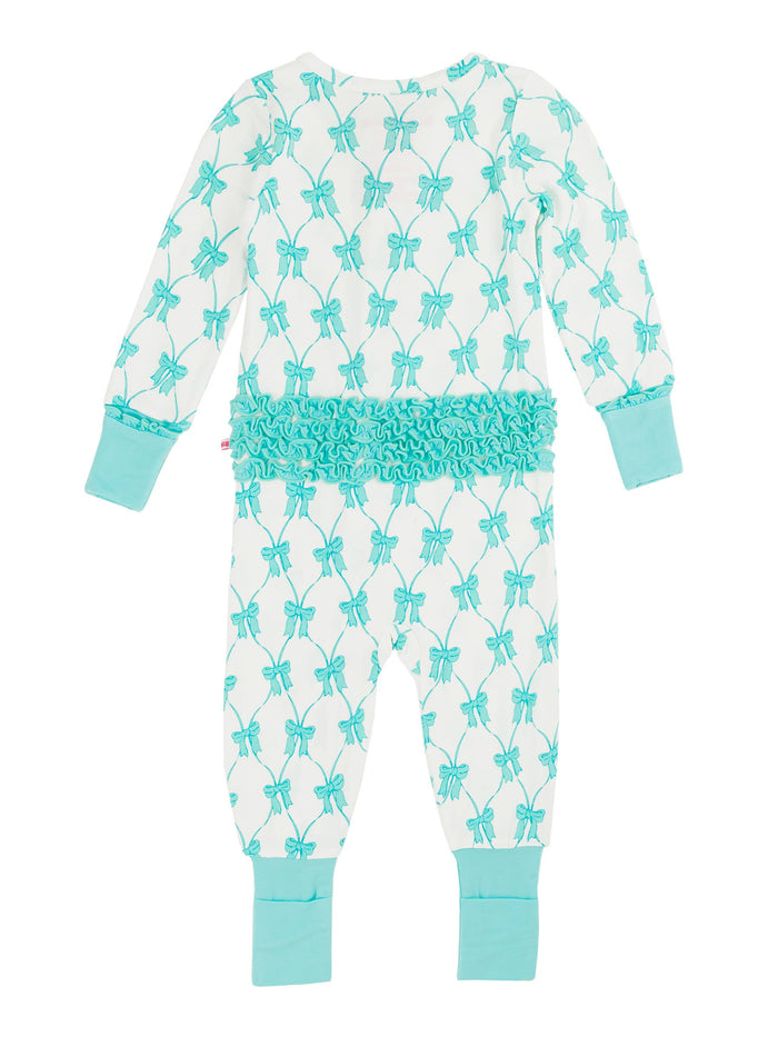 Baby Girls Teal Fairytale Bows Bamboo Viscose Convertible Ruffle One Piece Footie Pajama