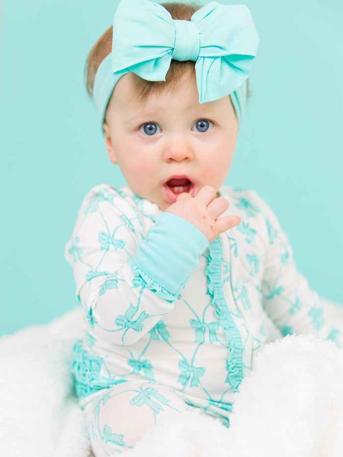Baby Girls Teal Fairytale Bows Bamboo Viscose Convertible Ruffle One Piece Footie Pajama
