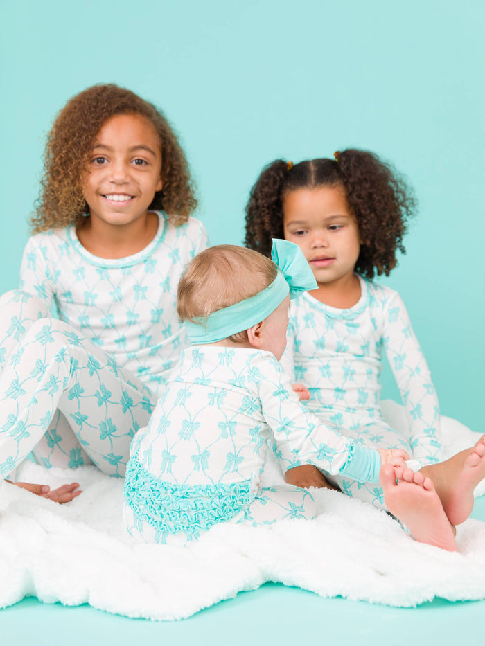 Baby Girls Teal Fairytale Bows Bamboo Viscose Convertible Ruffle One Piece Footie Pajama