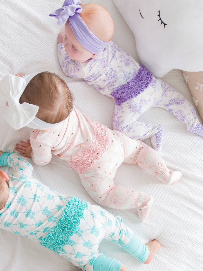 Baby Girls Teal Fairytale Bows Bamboo Viscose Convertible Ruffle One Piece Footie Pajama