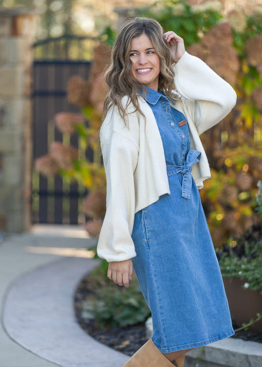 Balloon Sleeve Open Front Knit Cardigan FF Layering Essentials