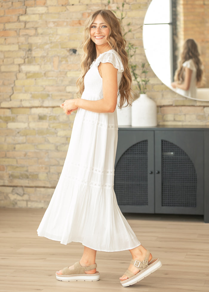 Baylor White Flutter Sleeve Maxi Dress FF Dresses