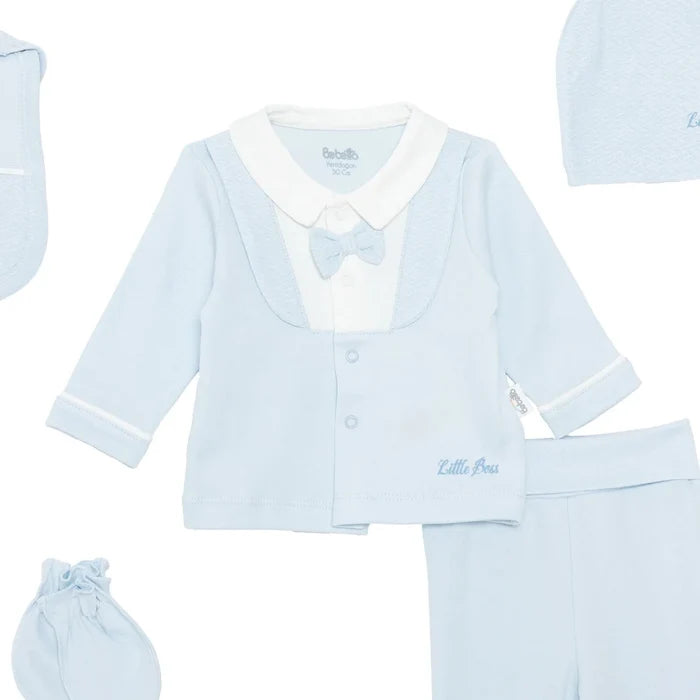 Bebetto Boys 5 - Piece Newborn Hospital Set Snap Fastening Little Boss Shirt Collar Full Length Long S - Blue Blue - ebebek