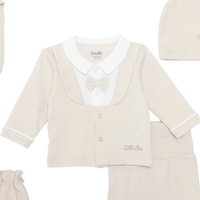 Bebetto Boys 5 - Piece Newborn Hospital Set Snap Fastening Little Boss Shirt Collar Full Length Long S - Beige Beige - ebebek