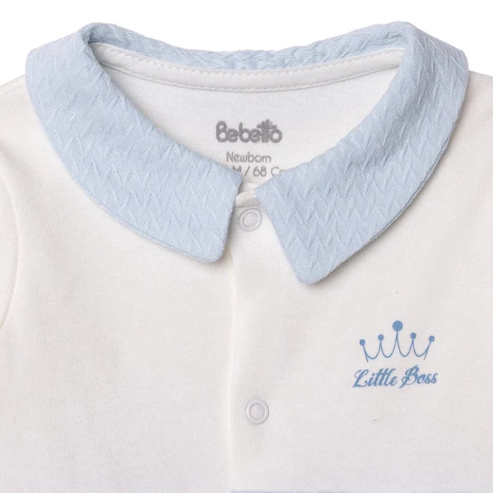 Bebetto Boys Footed Sleepsuit Snap Fastening Little Boss Shirt Collar Full Length Long Sleeve - Blue Blue - ebebek
