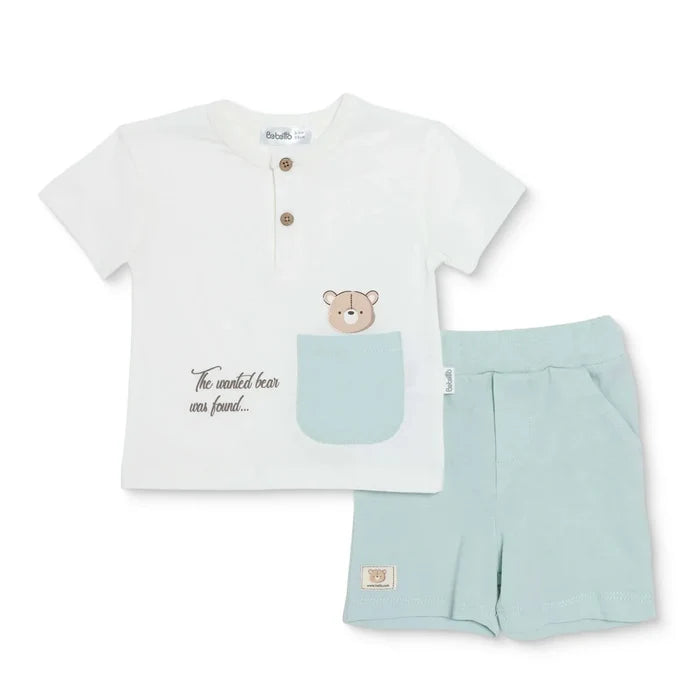 Bebetto Boys T-shirt & Shorts Set Bear Print Buttoned Hello Crew Neck Short Length Short Sleeve - Multicolour Multicolour - ebebek