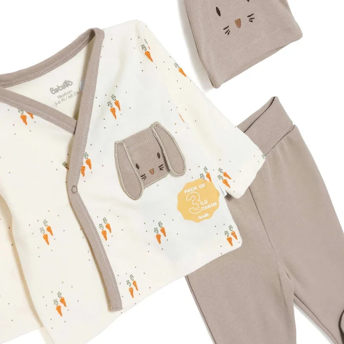 Bebetto Boys Vest Hat & Footed Bottom Set Animal Print Snap Fastening Baby Carrot Envelope Neck Full - Brown Brown - ebebek