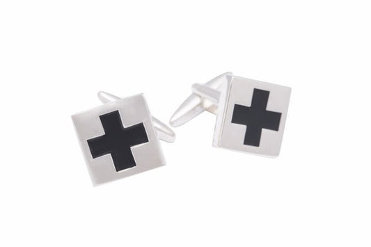 Black Enamel Cross on Rhodium Plated Square Cufflinks