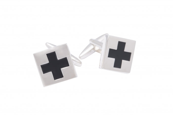 Black Enamel Cross on Rhodium Plated Square Cufflinks